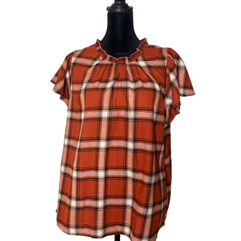 Ruffle Flutter Sleeve Plaid Blouse Womens S Rust Orange Fall Cotton Checkered